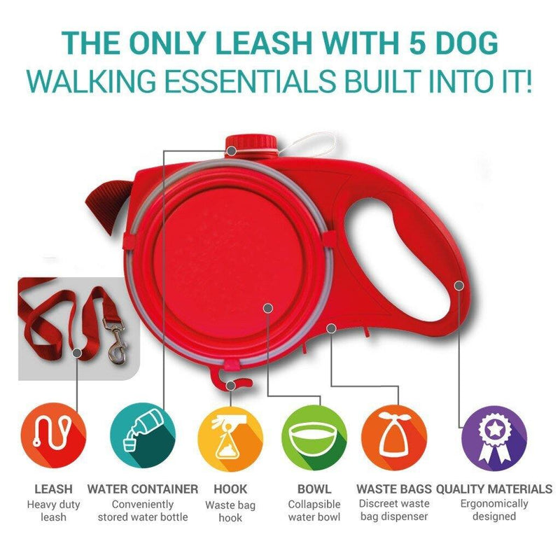 Multi-functional Retractable Dog Leash With Built-in Water Bottle, Bowl & Waste Bag Dispenser - Clauve